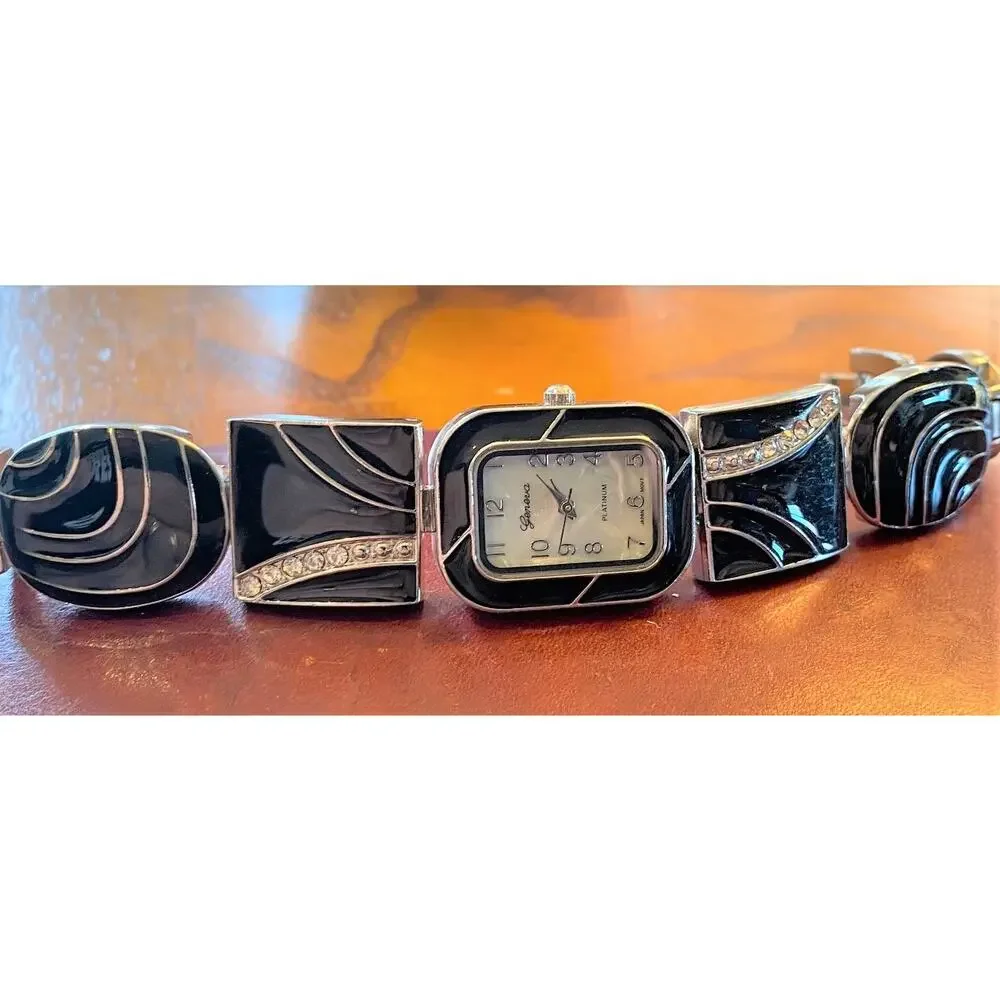 Women's 23mm Silver Tone with Black Enamel and Crystal Accents